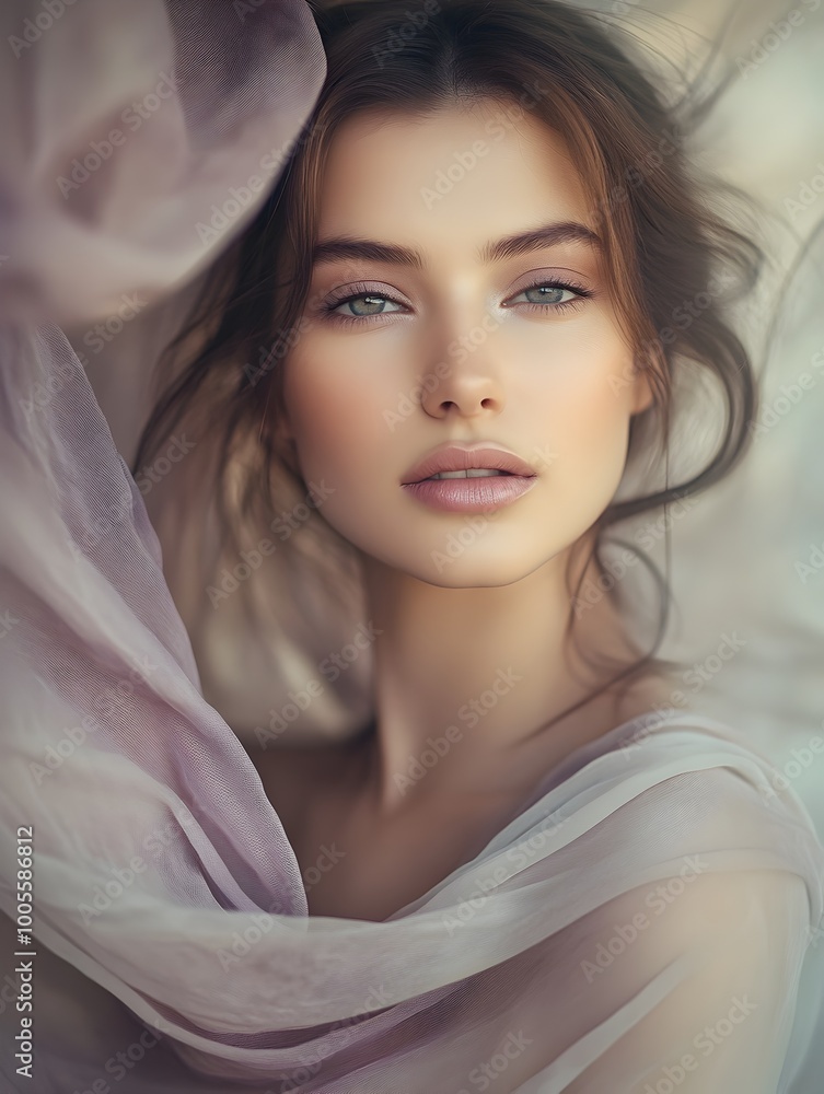 Poster graceful and intimate portrait of a woman framed by flowing fabric delicate features highlighted by 