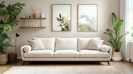 A white living room interior featuring a sofa and armchair, with a shelf displaying artistic decorations and a carpet on a hardwood floor.