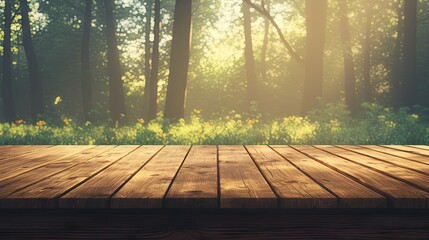 Empty wooden table in front of a blurred background. Brown wood surface with a view of blurred trees in a forest, perfect for displaying or showcasing products. 