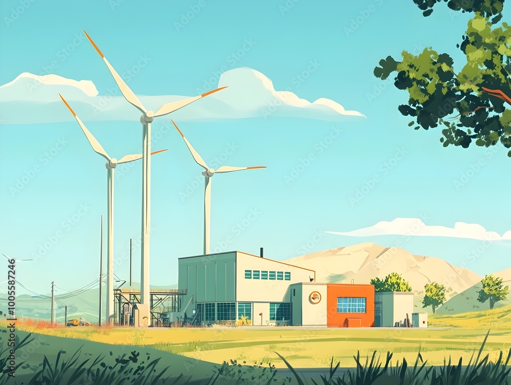 Poster minimalist animated portrayal of an eco friendly compact and efficient wind power plant with a quirk