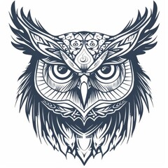 Obraz premium Owl head with tribal decorations in a simple drawing book style.