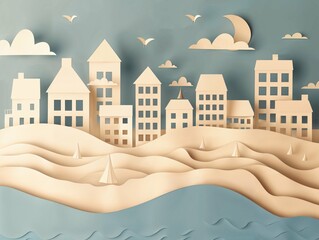 Fototapeta premium A paper art illustration of a seaside village at dusk, featuring houses with pitched roofs, calm waves, and a crescent moon in the sky. The muted tones and textured design evoke a peaceful ambiance.