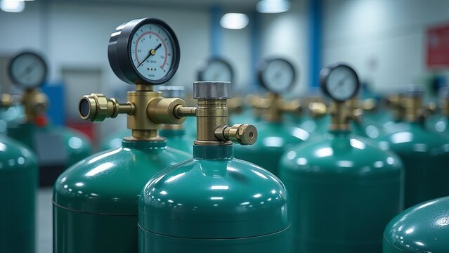 Gas cylinders with pressure gauge in a specialized laboratory. Laboratory material