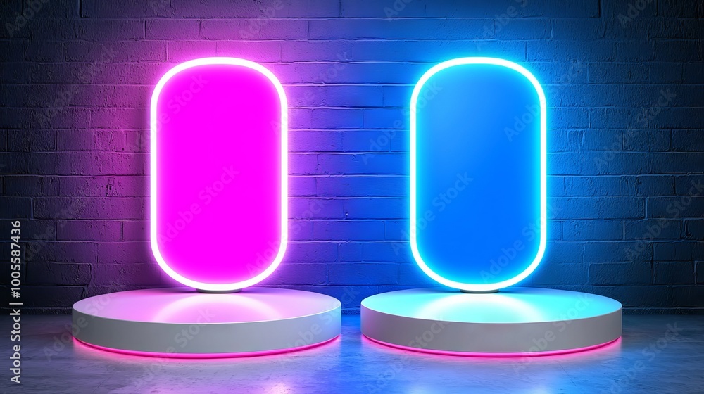 Poster a 3d rendering of a minimal neon background with glowing lines and a dark wall illuminated by modern