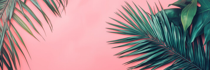 Palm leaves on pastel pink background, mockup, banner. AI generation.
