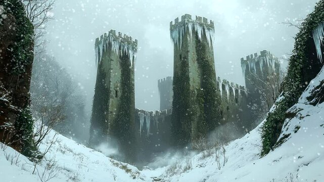 Abandoned medieval fortress towers in a snowy landscape during a blizzard. Seamless looping 4K video background