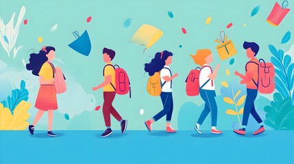 Lively and Colorful Back to School Festival with Smiling Children Carrying Backpacks and School Supplies in a Flat Design Style