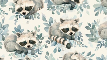 Obraz premium A series of raccoons are shown in a pattern of leaves and branches. The raccoons are all sleeping, with one of them having its head resting on its paws