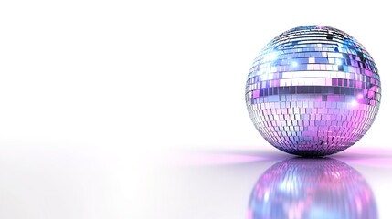 A stunning disco ball reflecting a dazzling array of colors against a pure white background, showcasing a photorealistic style enhanced by dramatic studio lighting.