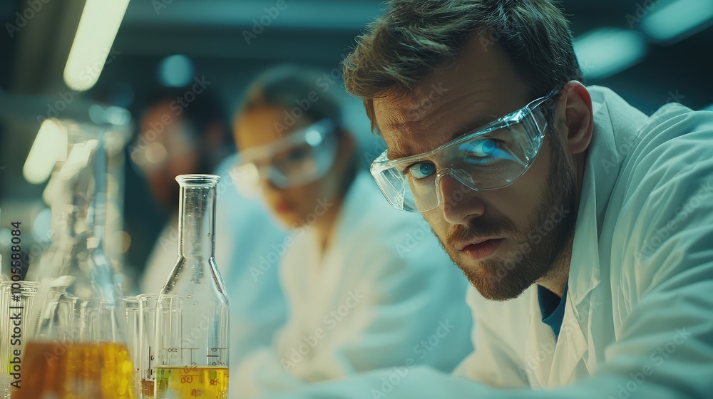 Poster focused scientist analyzing experiment results in a laboratory setting with glassware and chemical s