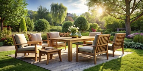 Obraz premium Sophisticated wooden outdoor furniture set amid a stunning garden, enveloped by rich greenery and glistening sunlight,