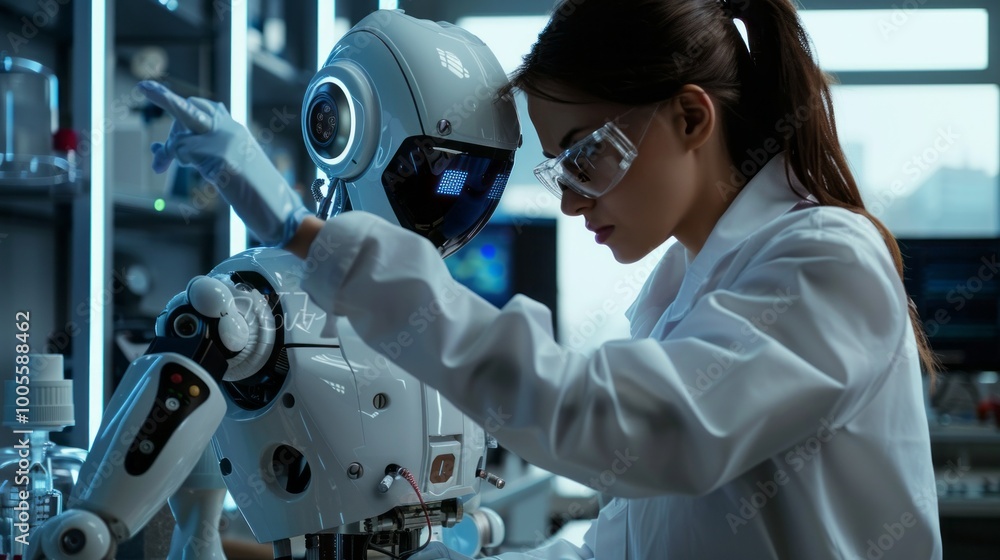 Poster a woman is working with a robot in a lab