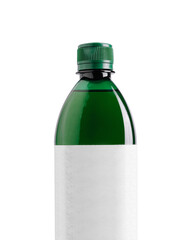 Green bottle with blank label displaying on white background