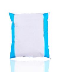 Blank white doypack packaging with blue stripes for branding mockup