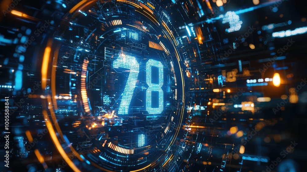 Poster futuristic digital display showcasing a glowing number with vibrant lights and abstract elements, id