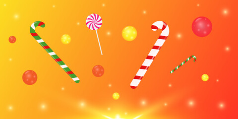 Merry Christmas! A festive background depicting a colorful explosion of candies and lollipops. 3 D. Vector illustration.