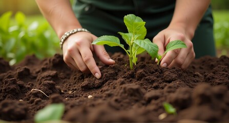 Close-up of hands planting seeds in rich soil