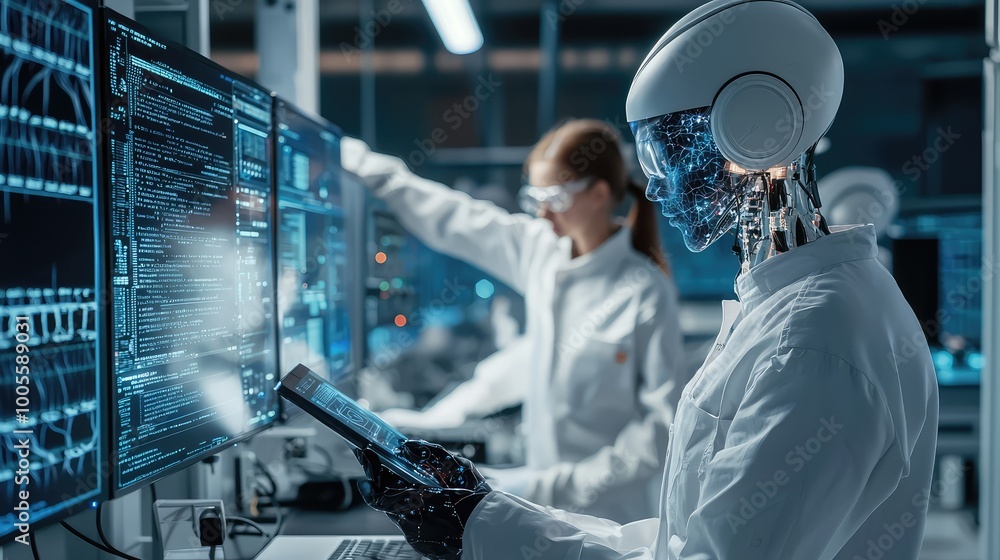 Poster futuristic lab scene with a robot and a scientist collaborating on advanced technology and data anal