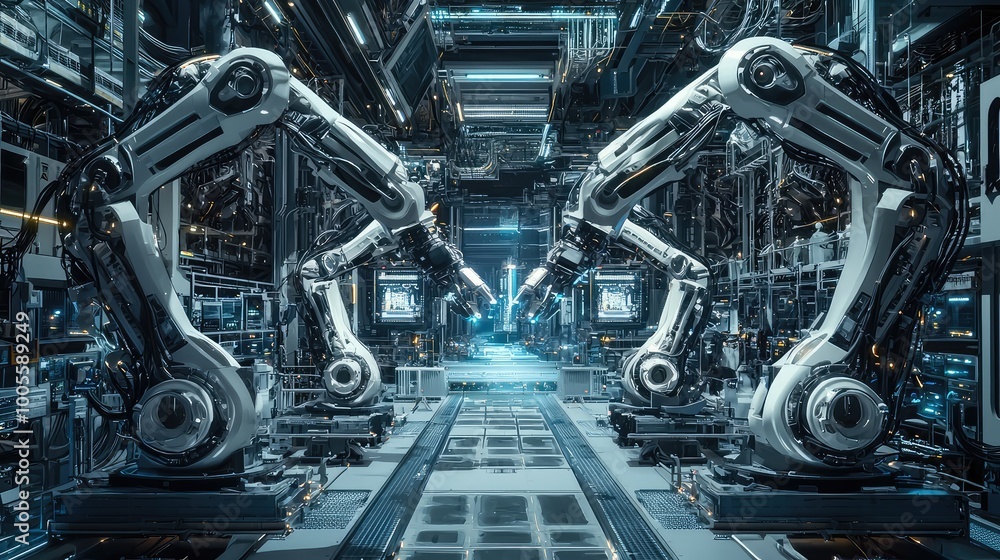 Poster futuristic robotic arms in a high-tech industrial environment showcasing advanced automation and pre