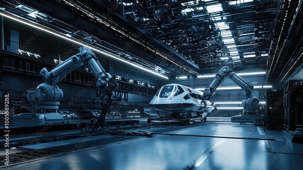 Poster futuristic robotics lab featuring advanced machinery and sleek design, highlighting innovation in au