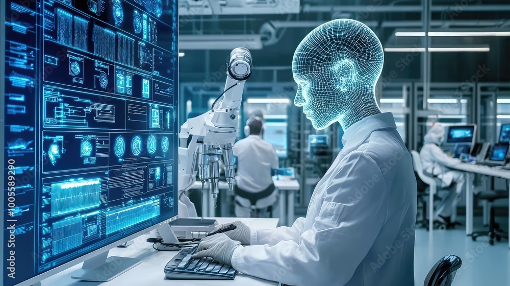 Poster futuristic scientist working with advanced technology and holographic interface in a high-tech labor