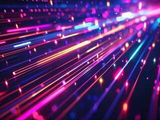 An abstract burst of vibrant neon light streaks in purple, pink, and orange hues. The glowing lines radiate outward, creating a dynamic, futuristic scene filled with energy and motion.