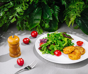 Plate with delicious golden potato pancakes and salad standing on gray table