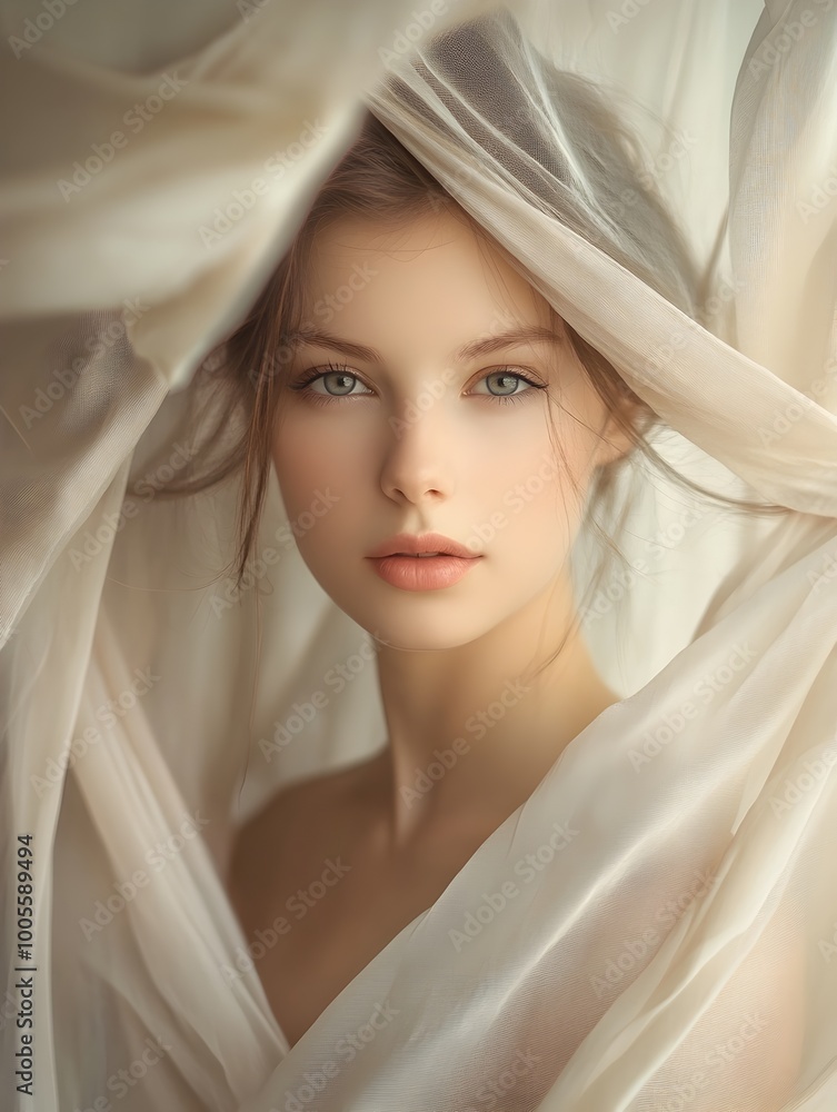 Poster graceful and delicate portrait of a woman framed by flowing fabric in a subtle pastel toned studio s