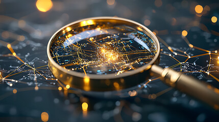 3D magnifying glass zooming in on complex digital network, showcasing intricate connections and glowing lights. This image captures essence of exploration and discovery in technological landscape