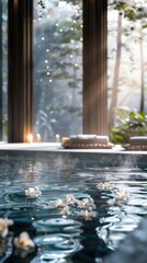 A bathtub filled with water and flowers, with a view of trees outside. Scene is peaceful and relaxing