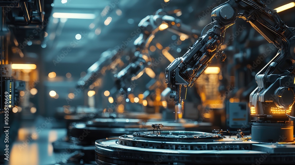 Poster high-tech robotic arms working in a futuristic industrial environment, emphasizing automation and mo
