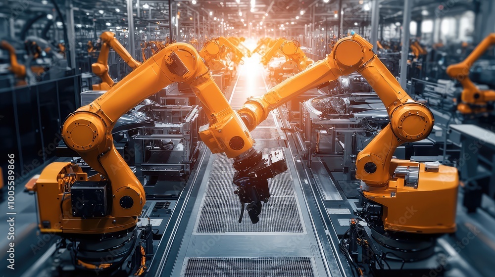 Poster high-tech robotic arms working on an automated assembly line in a modern factory, enhancing producti