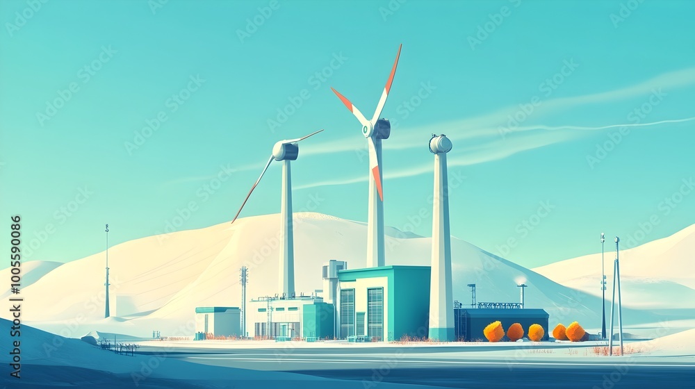 Poster compact and streamlined wind turbines generating clean renewable energy in a minimalist animated pow