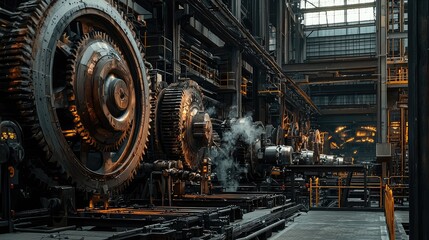 Industrial machinery in an expansive factory, showcasing gears, steam, and intricate details of modern manufacturing processes.