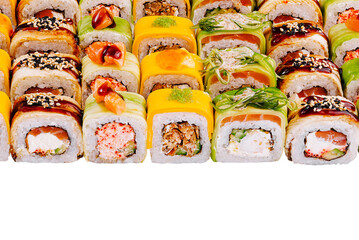 Delicious assortment of colorful sushi rolls is presented, showcasing a variety of fresh ingredients and flavors