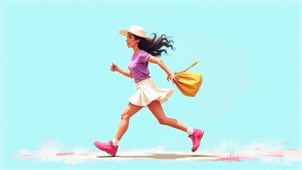 a woman in a hat and a yellow skirt in pink shoes runs shopping