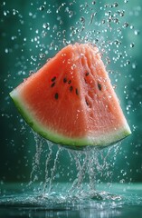 Watermelon Slice in Mid-Air with Cascading Water Droplets


