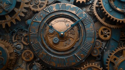 Obraz premium Intricate clock design featuring detailed gears and a vintage aesthetic, perfect for steampunk or mechanical themes.