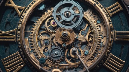 Intricate close-up of a vintage clockwork mechanism with brass gears, showcasing the artistry of timekeeping technology.