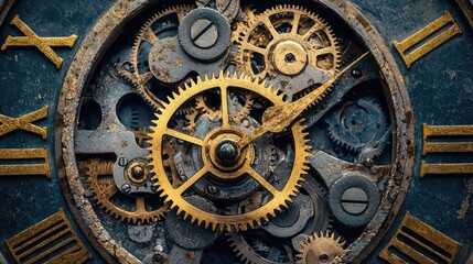 Fototapeta premium Intricate clock mechanism showcasing gears and clock hands, symbolizing time, craftsmanship, and engineering art.