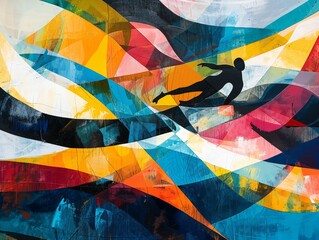 A abstract illustration featuring a surfer riding waves in vibrant, geometric shapes. The bold colors and sharp lines create a sense of movement and energy, evoking the excitement of swimming.