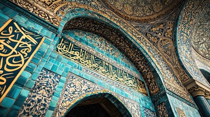 Intricate tile pattern the mosque with vibrant colors and elegant calligraphy, showcasing remarkable architectural beauty.