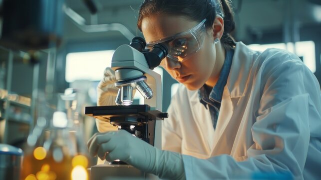 A woman wearing a lab coat and goggles is looking through a microscope