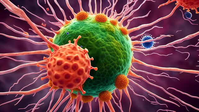 Detailed micrograph showcasing a virus aggressively attacking a healthy immune system cell, highlighting cellular conflict.
