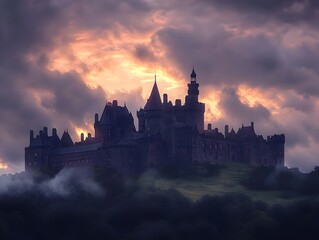 Fototapeta premium Stately castle nestled atop a hilltop its majestic stone silhouette standing tall against a dramatic moody sky filled with cloudy atmospheric formations