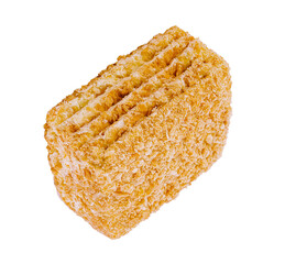Delicious multi layered napoleon cake with crumb topping on white background