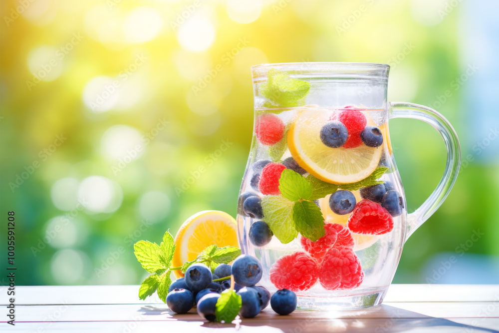 Wall mural fresh beverage with fruits on nature background