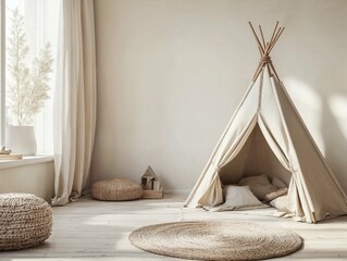 A cozy, bohemian-style interior featuring a small tent set up in a neutral-toned corner with soft cushions. The space offers a calm and playful retreat with natural textures and soft lighting.