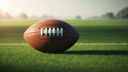 Football lying on a grassy field, showcasing the laces in detail.