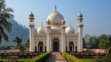 Majestic palace with intricate architecture, surrounded by lush greenery and clear skies, showcasing timeless beauty and elegance.